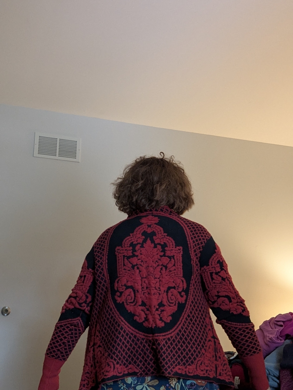 SIONI Red Black Baroque Knit Waterfall Cardigan Sweater L/XL HTF - Picture 5 of 15